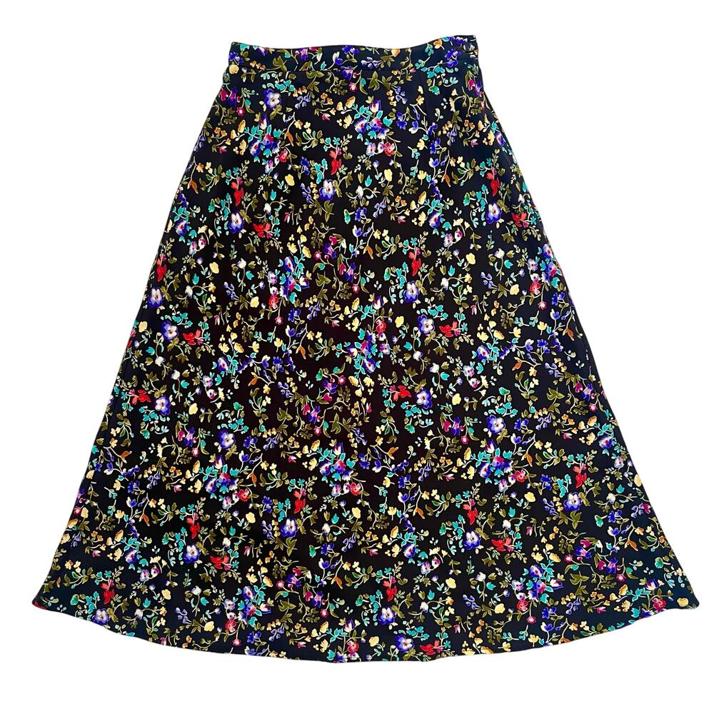 Vintage 90s Floral A-Line Maxi Skirt Black Flowers Grunge // Size‎ XS